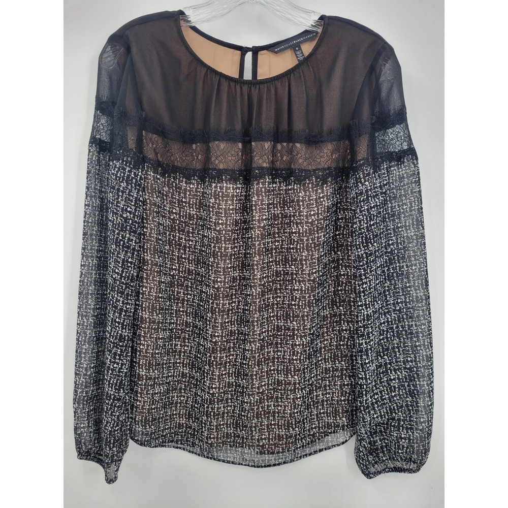 White House Black Market Sheer Black W/Tan Smocked Lined Mock Neck Blouse Size 6